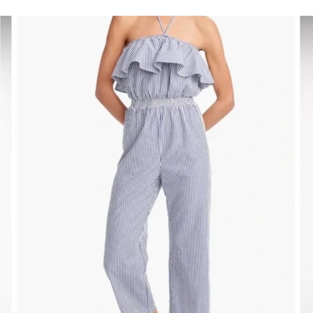J. Crew Blue and White Striped seersucker jumpsuit